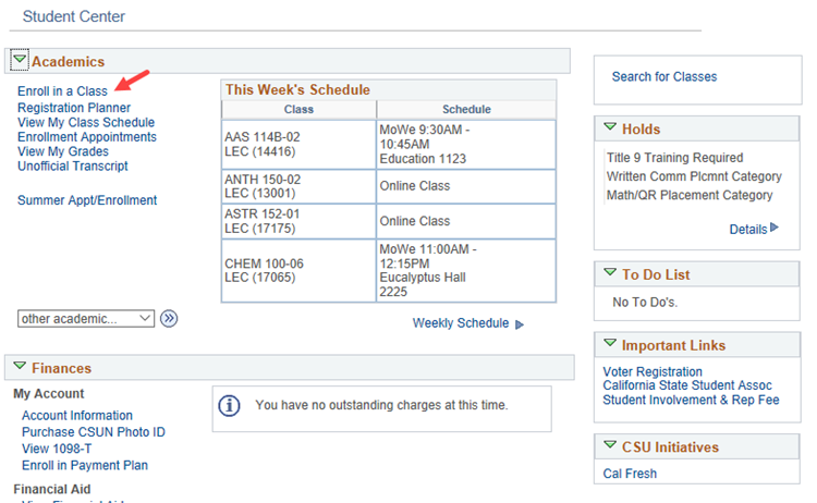 SOLAR Student Center landing page with Enroll in a Class link