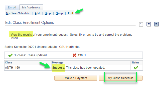 The results page confirms the class has been updated. Check your schedule.