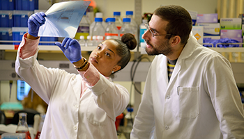 Two graduate students working in a lab.