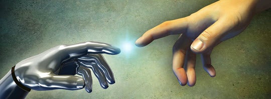 Machine hand, and human hand. 