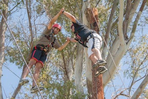 Two student veterans must rely on each other to complete the High Ropes Course Challenge. The veterans hold each other's hands as they walk on a tightrope in the air. Photo by Victor Kamont.