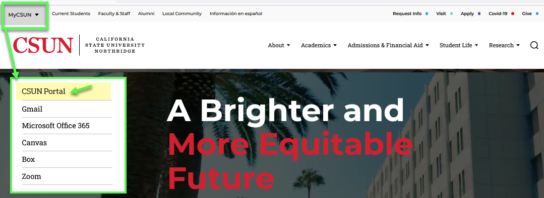 Drop-down menu in upper left on new CSUN home page showing CSUN Portal login link