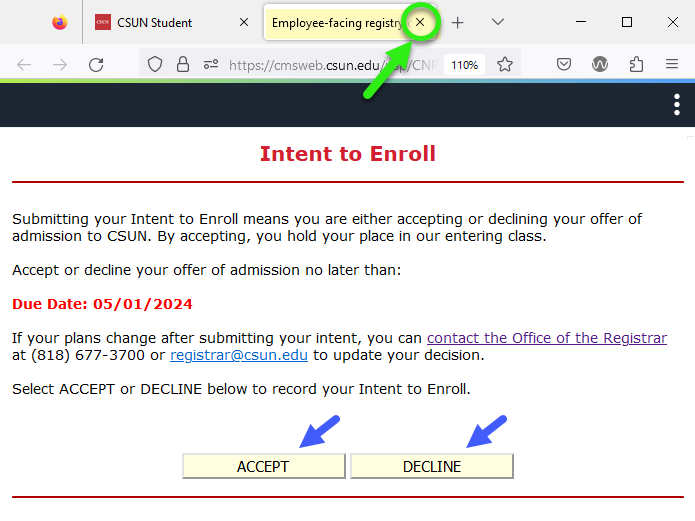 Intent to Enroll page with instructions and accept or decline buttons