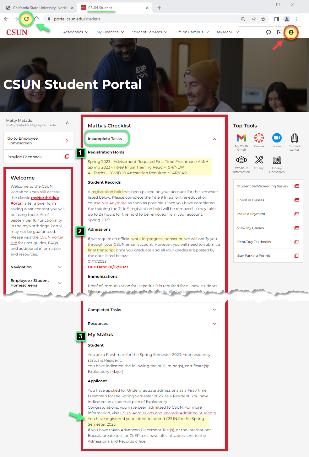 CSUN Portal Checklist Incomplete Tasks section with items yet to complete