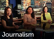 Three reporters sitting at announcing desk. Journalism title.