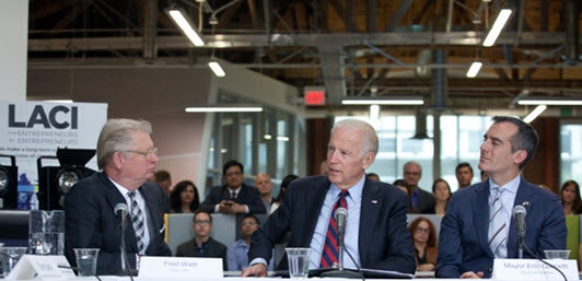 LACI CEO Fred Walti, Vice President of the United States Joe Biden and L.A. Mayor Eric Garcetti during a panel discussion on clean technology at the new LACI workspace in the Arts District of Downtown L.A. Photo courtesy LACI.