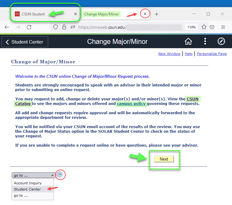 Change of Major/Minor welcome page with instructions and links to CSUN Catalog