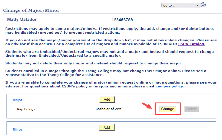 The Restrictions page displays all of your current majors and minors