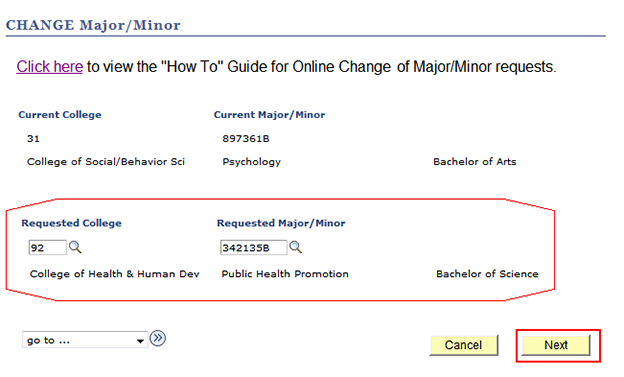 The change Major/Minor page displays your current and requested majors.