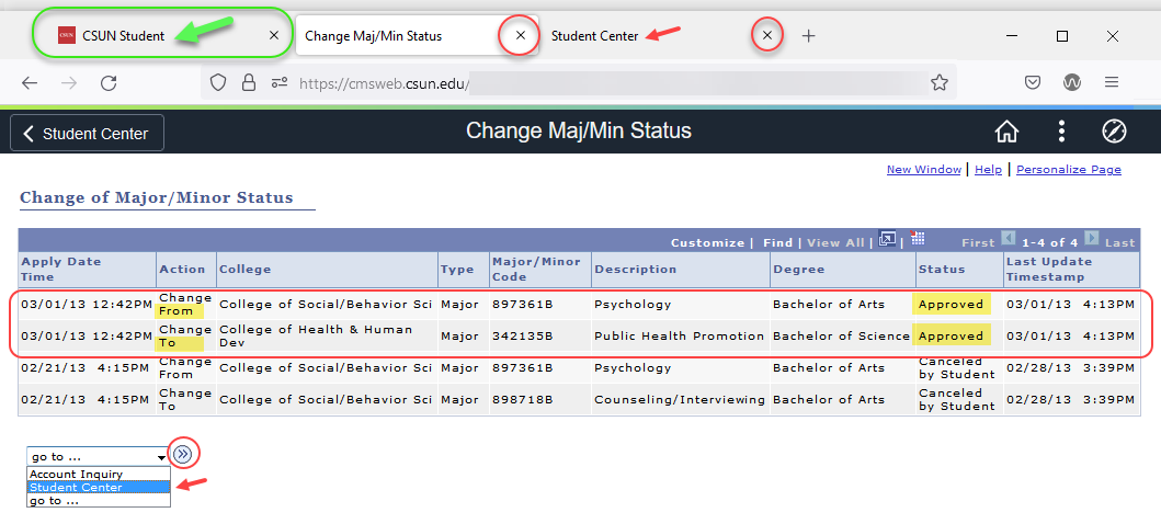 Status table shows request is approved, denied, applied or cancelled by student