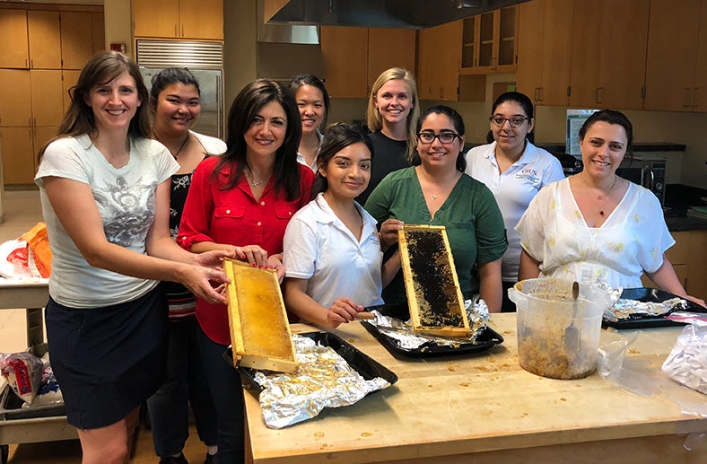 students and faculty in the MMC show honeycombs and honey for honey harvest in the MMC kitchens.