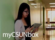 "myCSUNbox" graphic, a woman using a tablet. 