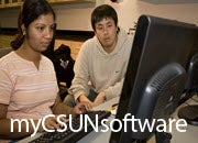 "myCSUNsoftware" graphic; Two people using a computer. 
