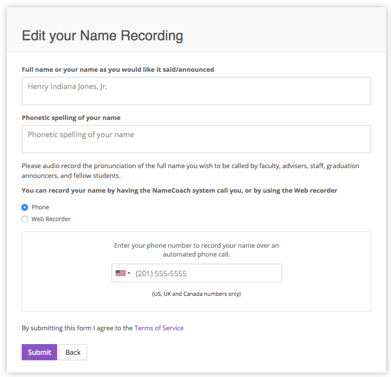 Name recording page