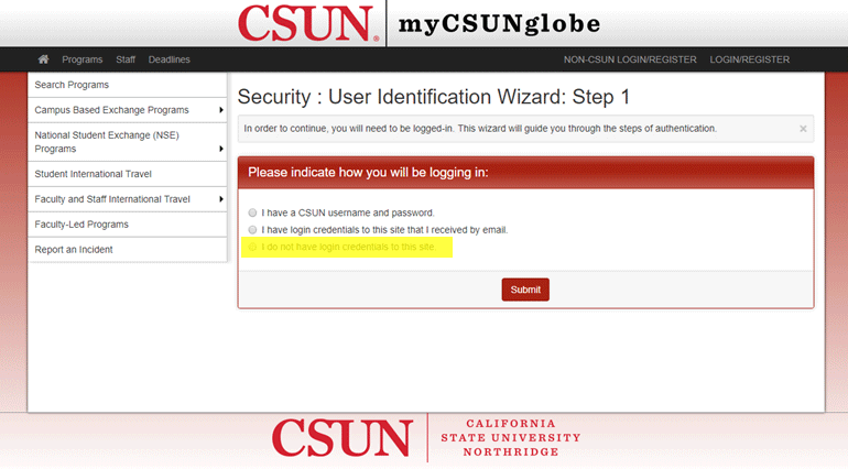 Select "I do not have login credentials to this site" and then press the "Submit" button.