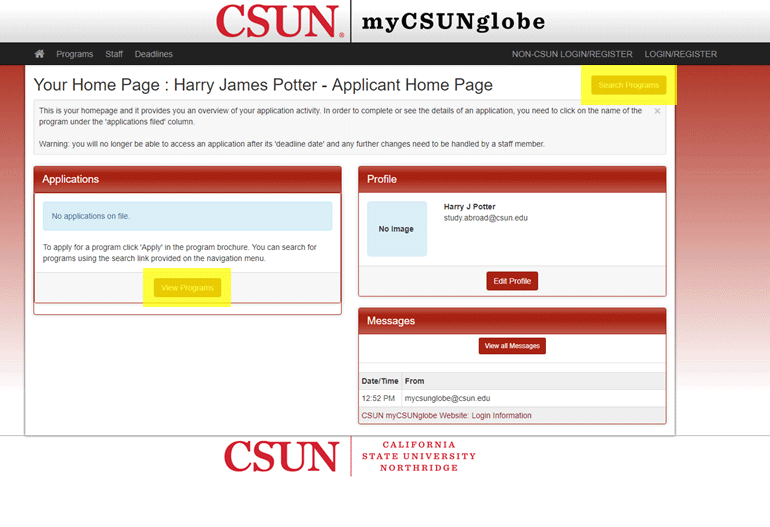 Your profile has been created! You can click on "View Programs" in the Applications section, or "Search Programs" in the top right-hand corner to continue to the registration application.