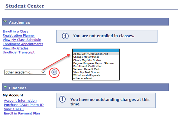 The drop-down menu lists many choices including Apply/View Graduation App.