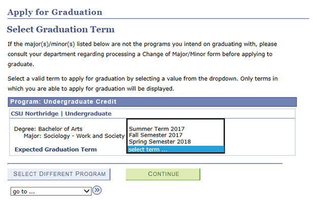 Select graduation term from the drop down menu and continue.