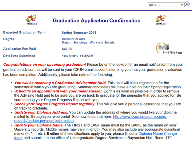 Graduation Application Confirmation success page with print icon