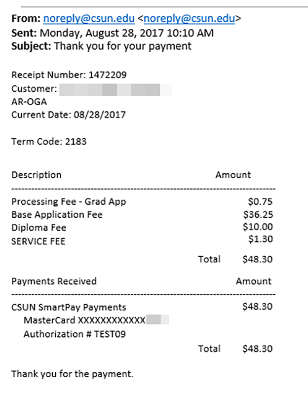 CSUN emailed receipt of online graduation application payment