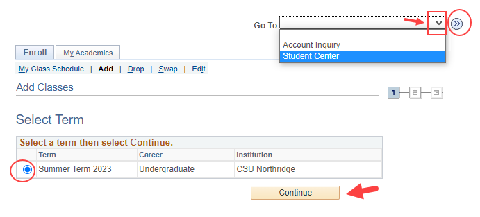 Select Term page with Summer Term radio button