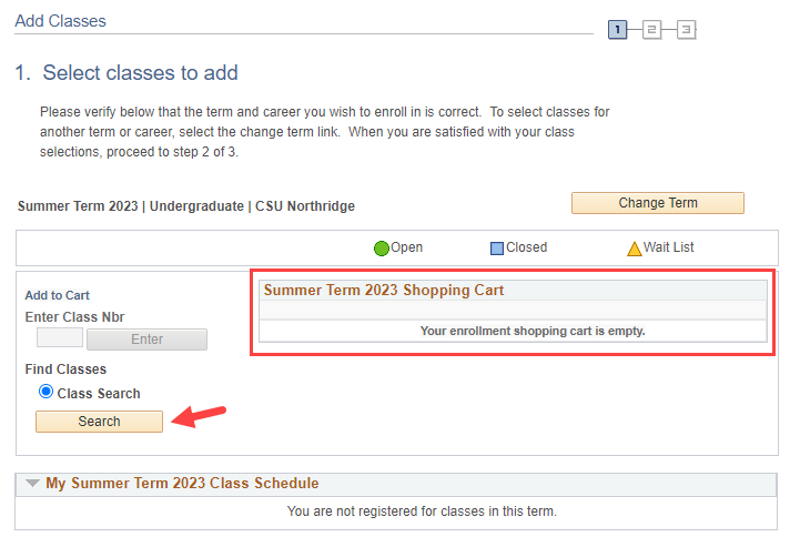 Add Classes page with empty enrollment shopping cart and Class Search button