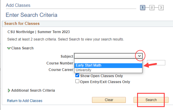 Subject search drop-down menu with Early Start Math and University selections