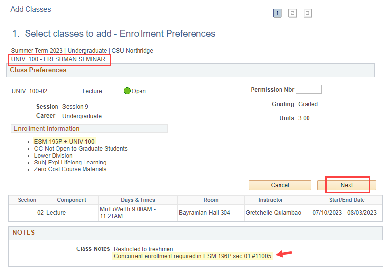Enrollment Preferences page for University 100 and linked ESM 196P section