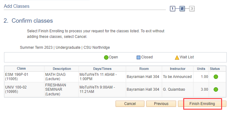 Confirm Classes page with Finish Enrolling button