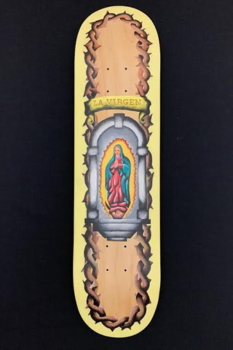 This student/artist depicts as image of the Lady of Guadalupe centered on the vertical skateboard.  Pictorial framing devices such architectural structures and thorns help denote the importance of the miracle in the Latino, Catholic tradition.  The engraving of the text, La Virgin provides a tactile quality to otherwise flat board