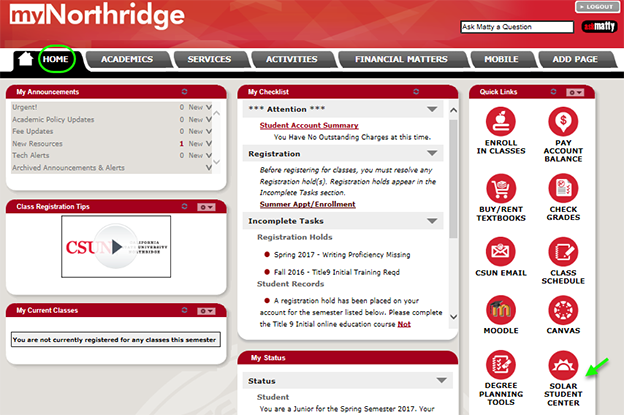 View of myNorthridge Portal home or applicant tabs with pagelets