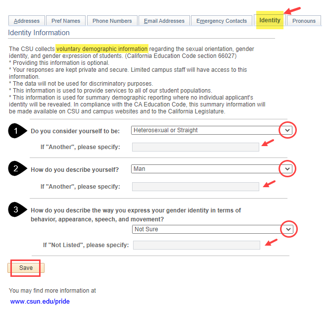 Identity info use legal statement, 3 drop-down menus, and 3 option boxes