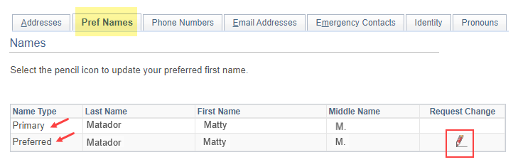 First of two pages in the Preferred Name module