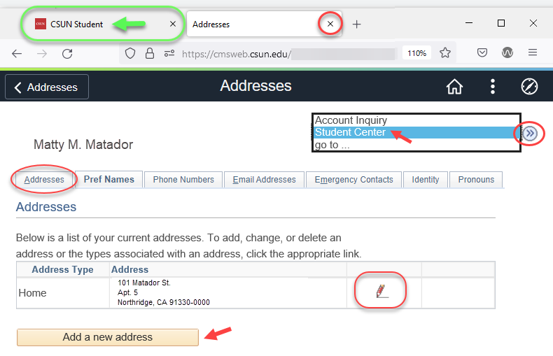 First of two Address pages, navigation menu and how to return to CSUN Portal