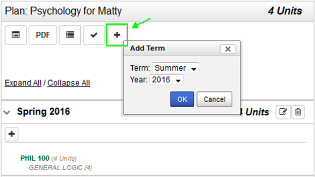 Location of plus sign icon to add a term to your plan.