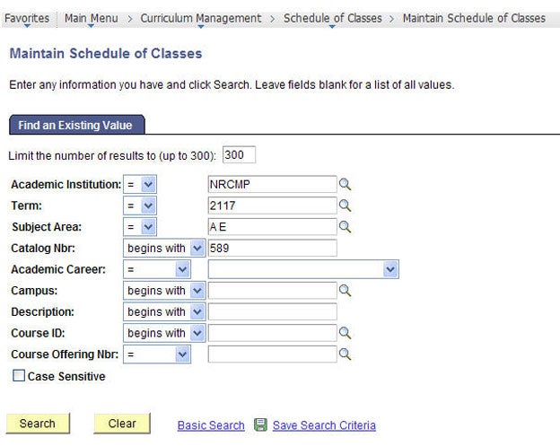 Search criteria page.