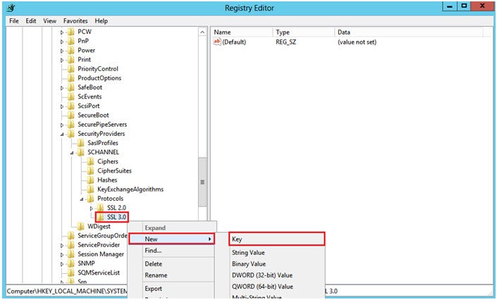 Registry Editor - SSL 3.0, new key option