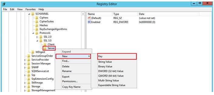 Registry window, server, new key option. 