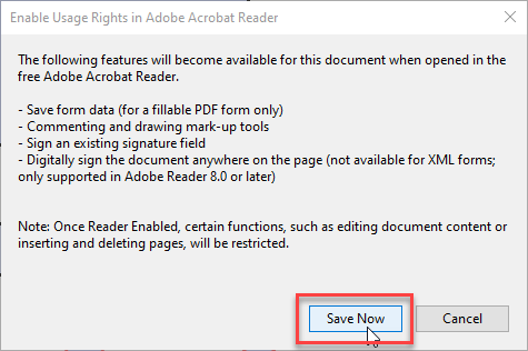 Enable usage rights in Adobe Acrobat Reader window.