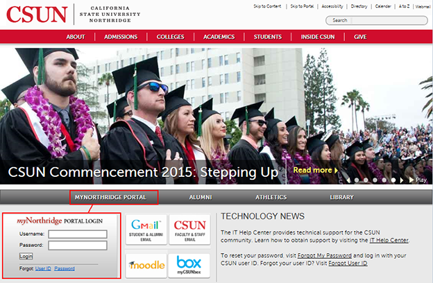CSUN home page showing login panel.