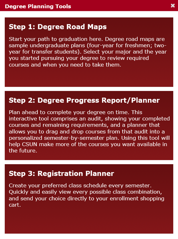 Three red boxes listing the tools and steps to plan your degree