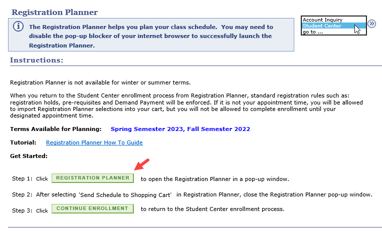 Registration Planner Instructions page between the portal and the application