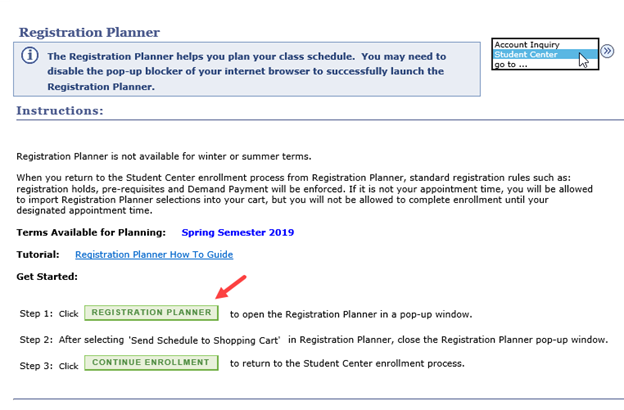 Registration Planner Instructions page
