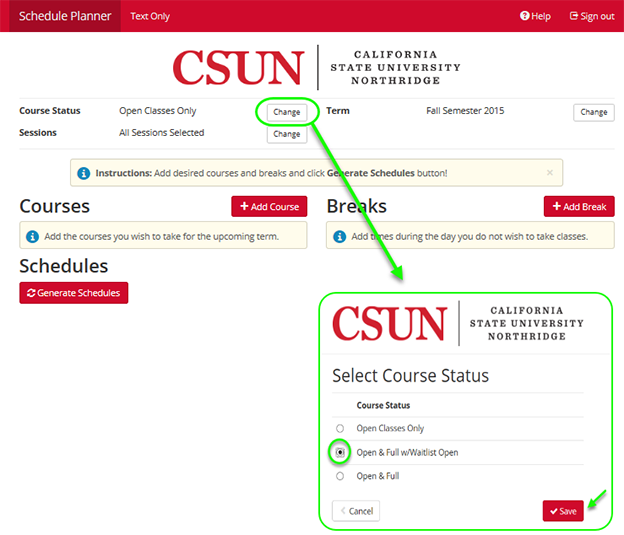 Registration Planner home page and course status filter.