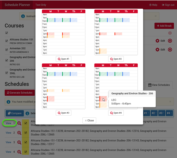 View of 4 thumbnail schedules side by side.