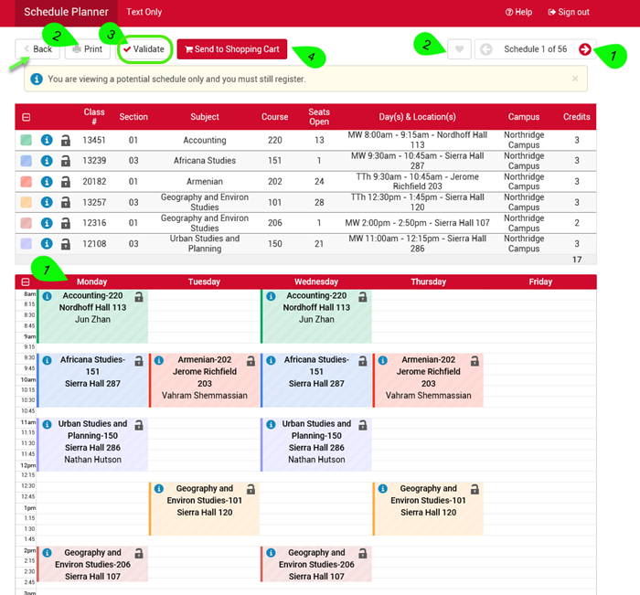 Navigation buttons: go back, scroll, print, validate and send to cart