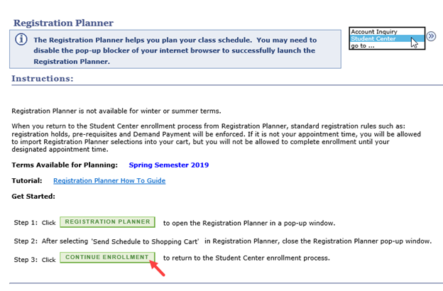 Student Center Registration Planner Instructions and Continue Enrollment button.