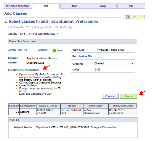 Enrollment Preferences page, course requisites and Next button.