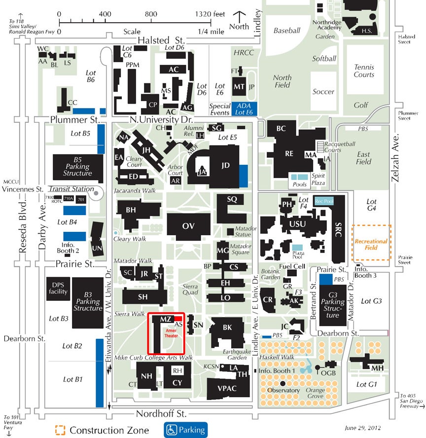campus map highlighting the location of the Armer Theater