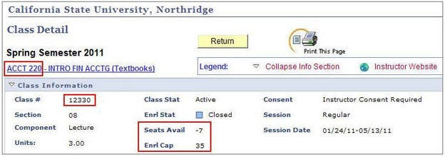 Class Detail page showing seats available and enrollment capacity.